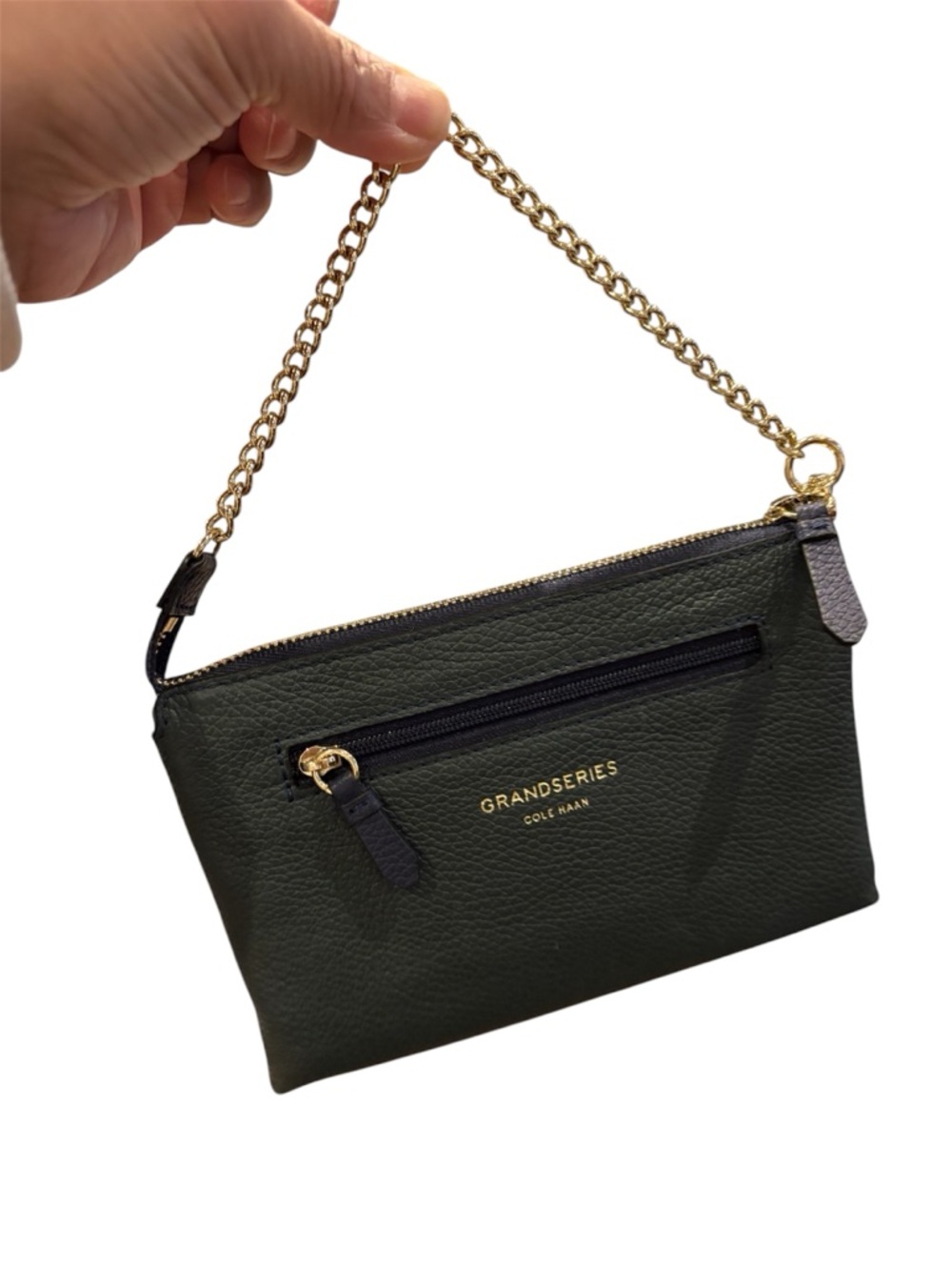 Cole Haan Olive Green Pebbled Leather Wristlet with Gold Chain